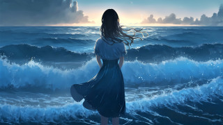 Woman ocean waves sunset dawn - ocean free wallpaper