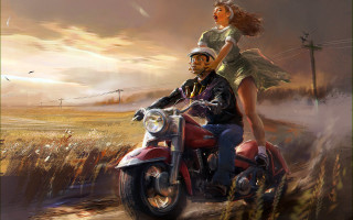 Man woman motorcycle wheat sunset - overhead free wallpaper