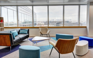Cityscape indoor couch chairs table - ultra wide angle free wallpaper