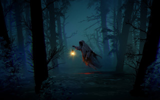 Ghostly figure lantern dark forest 2 - a foggy night free wallpaper