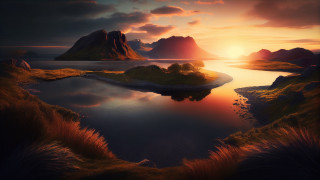 Sunset lake mountains foreground urban - the background and a body of water free wallpaper