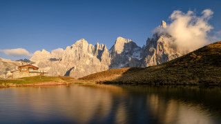 House lake mountains clouds sky - the hill free wallpaper