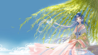 Woman dress walking tree fan - a blue sky behind her free wallpaper