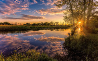 Sunset river trees grass clouds 2 - beautiful landscape free wallpaper
