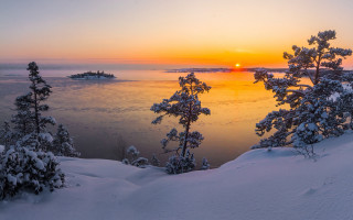 Sunset lake snow trees boat - a sunset over a lake free wallpaper