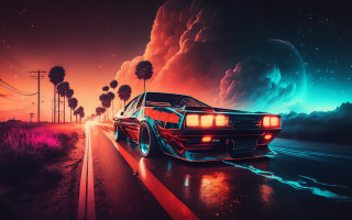 Night sky palm trees rocket - a car free wallpaper