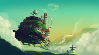 House hill sky clouds person - a painting of a house free wallpaper