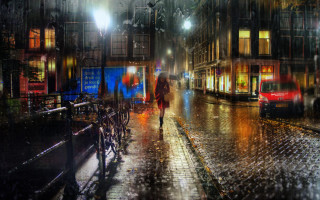 Night street umbrella bike cityscape - a street free wallpaper for desktop