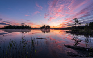 Lake sunset trees clouds bridge 2 - bruno liljefors free wallpaper
