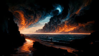 Beach sunset clouds fire mountains - matte fantasy painting free wallpaper