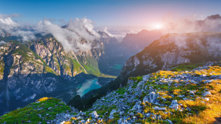 Mountain lake clouds sunset blueflower - the cloud free wallpaper