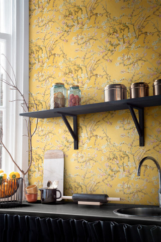 Kitchen yellow wall black counter - feature free wallpaper