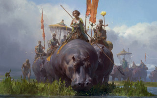 Elephants children field flags castle - art greg rutkowski free wallpaper