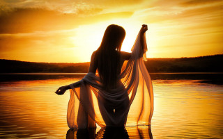 Woman white dress water sunset 2 - her arm free wallpaper