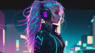 Neon city cyberpunk woman headphones - synthwave style free wallpaper