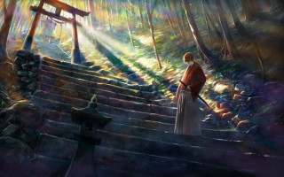Woman stairs woods lantern fantasy - a painting of a woman free wallpaper