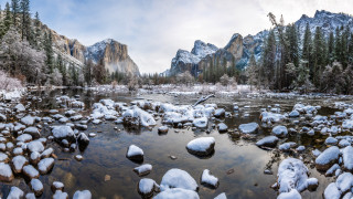 Snowy river mountains forest shore - naturalism free wallpaper