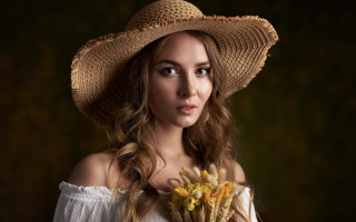 Woman strawhat flowers serious portrait - anna hotchkis free wallpaper