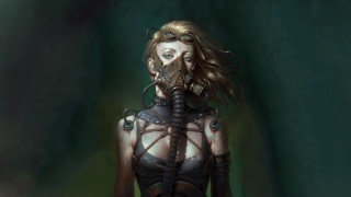 Woman gasmask fantasy cyberpunk dystopian - bastien l. deharme free wallpaper