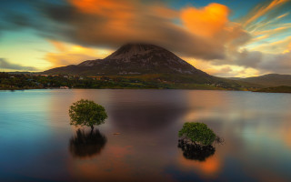 Mountain lake trees sunset mystical 2 - two tree free wallpaper