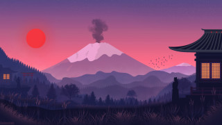 Mountain pagoda sunset birds hill - dan mumford free wallpaper