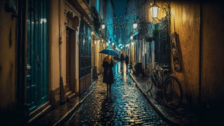 Rainy night couple umbrella cityscape - evgeny lushpin free wallpaper