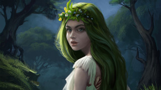 Green hair woman forest flower - a painting of a woman free wallpaper