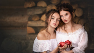 Two women white dresses apples - a picture together in front free wallpaper