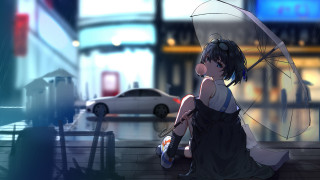 Cyberpunk woman rain umbrella city - graffiti free wallpaper