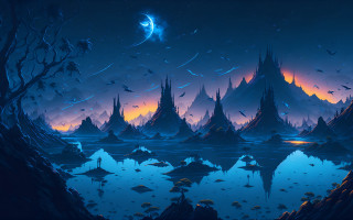 Lake mountains night moon fantasy - a painting of a landscape free wallpaper