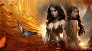 Golden dresses butterflies fantasy art - two woman free wallpaper