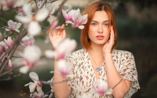 Red haired woman flower portrait 2 - red hair free wallpaper for desktop