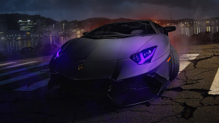 Purple sports car night city - the side of the road free wallpaper
