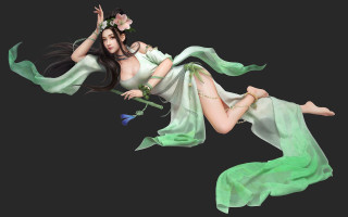 Woman green dress flying flower - her hair and a flower free wallpaper
