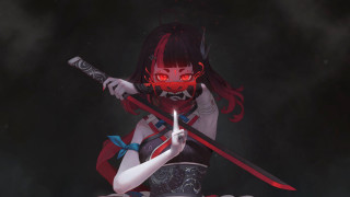 Woman demonmask sword cyberpunk glowing - holding free wallpaper