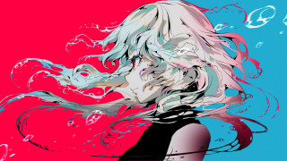 Woman longhair blackdress pinkblueswirls aya - her face and body free wallpaper