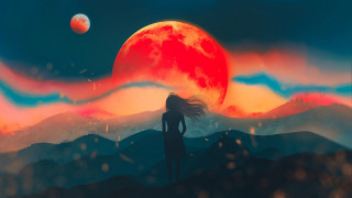 Woman hill red moon fantasy - a red moon in the background free wallpaper