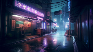 Neon street rainy night cyberpunk - synthwave style free wallpaper