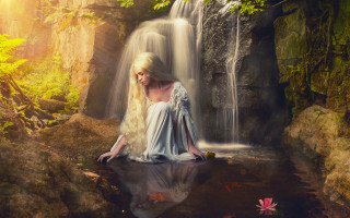 Woman waterfall forest autumn dress - a waterfall behind her free wallpaper