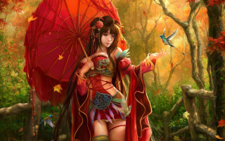 Woman red umbrella forest bird - a detailed painting free wallpaper