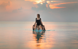 Woman surfboard sunset beach mountain - a surfboard free wallpaper
