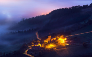 Mountain village night fog cinematic - low free wallpaper