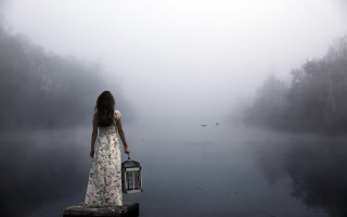 Woman dress suitcase dock foggy - surreal photography free wallpaper