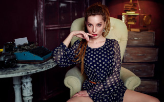 Woman sitting typewriter fashion portrait - barbizon school free wallpaper