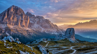 Mountain path sunset clouds lake - the top of it free wallpaper