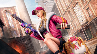 Cityscape brickbuilding woman gun chicken - a woman holding free wallpaper for desktop