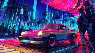 Neon lit city retrofuturism cyberpunk - it in front free wallpaper