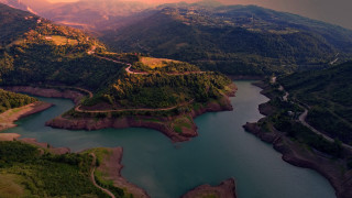 River mountains sunset plane view - scenic free wallpaper