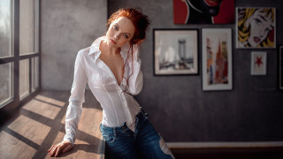 Woman leaning window wall portrait - bright studio setting free wallpaper