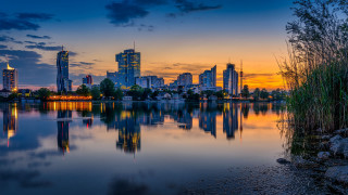 City skyline reflection sunset lake - sunset free wallpaper